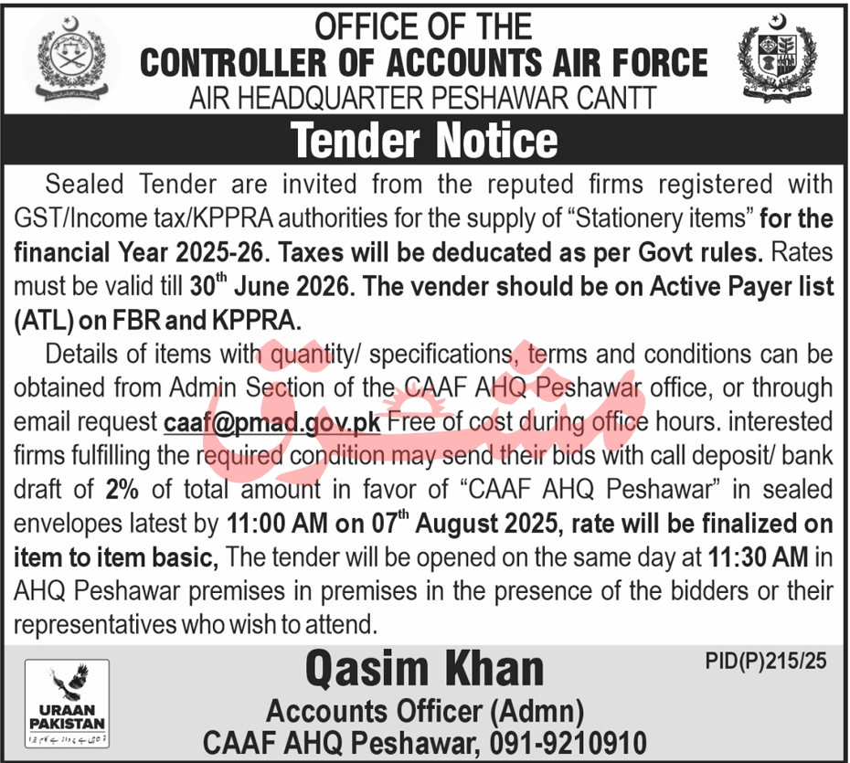 Controller of Accounts Air Force Peshawar Tender Notice